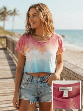 Ambiance Pink White Blue Tie-Dye Cropped Tee